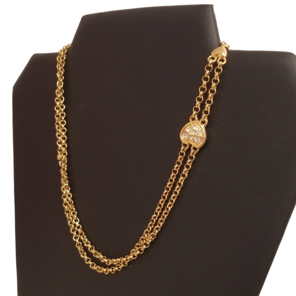VANNA WHITE VINTAGE GOLDTONE DOUBLE CHAIN NECKLACE WITH RHINESTONE HEART DETAIL - Picture 2 of 6